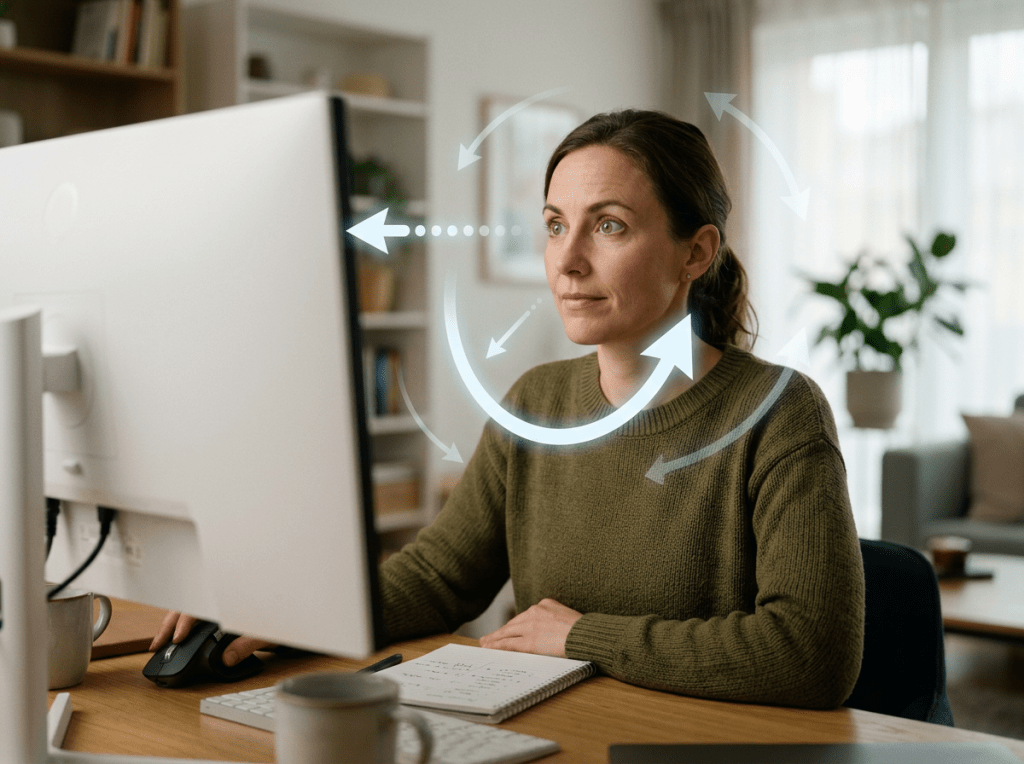 Woman sitting at a desk looking attentively at a computer screen