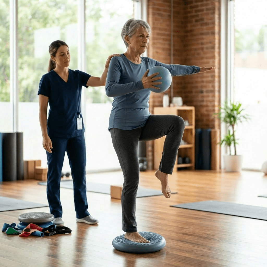 Older person doing balance training exercise
