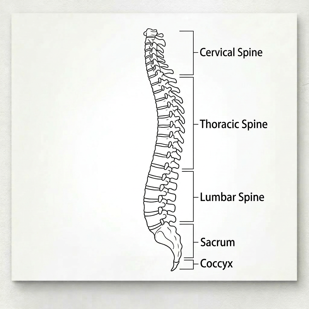 Labeled diagram of human spinal cord anatomy showing gray matter, white matter, spinal nerves, vertebrae, and other components
