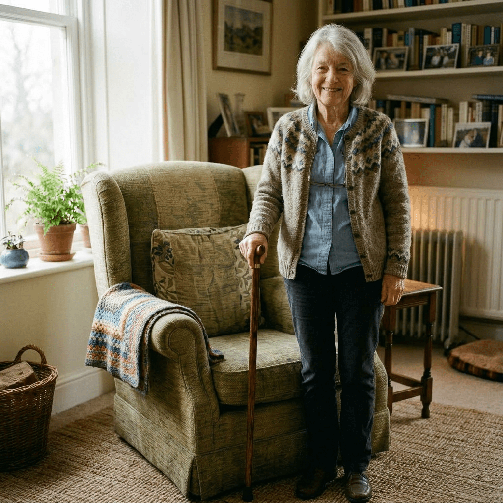 Elderly woman standing with a cane next to an armchair in a cozy living room