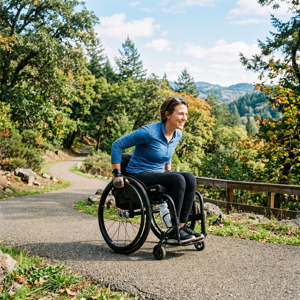 Woman smiling while propelling wheelchair on a paved forest path