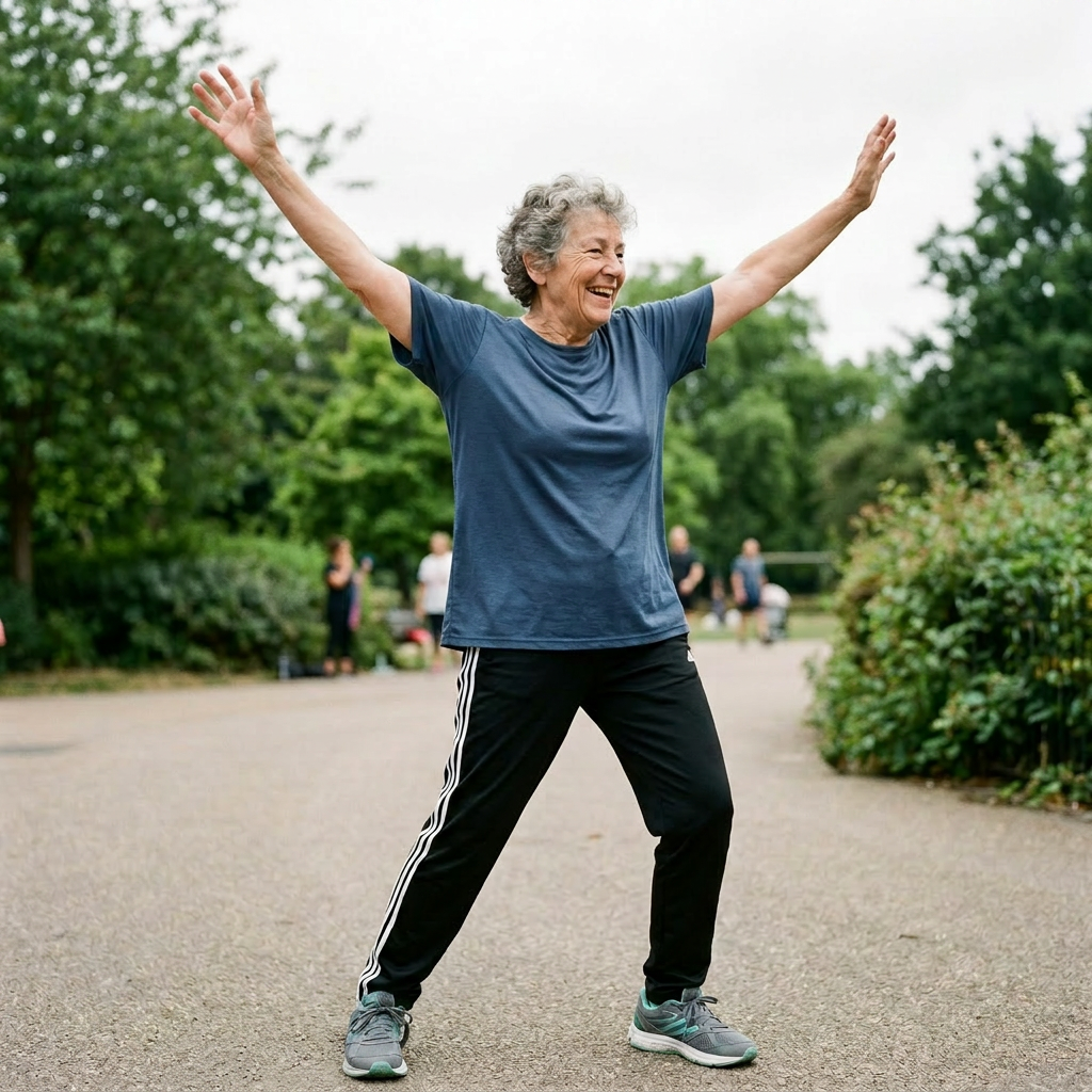 Senior woman exercising with resistance band outdoors smiling